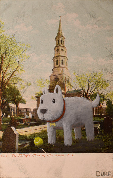 Wanting to Fetch, Acrylic on Vintage Postcard