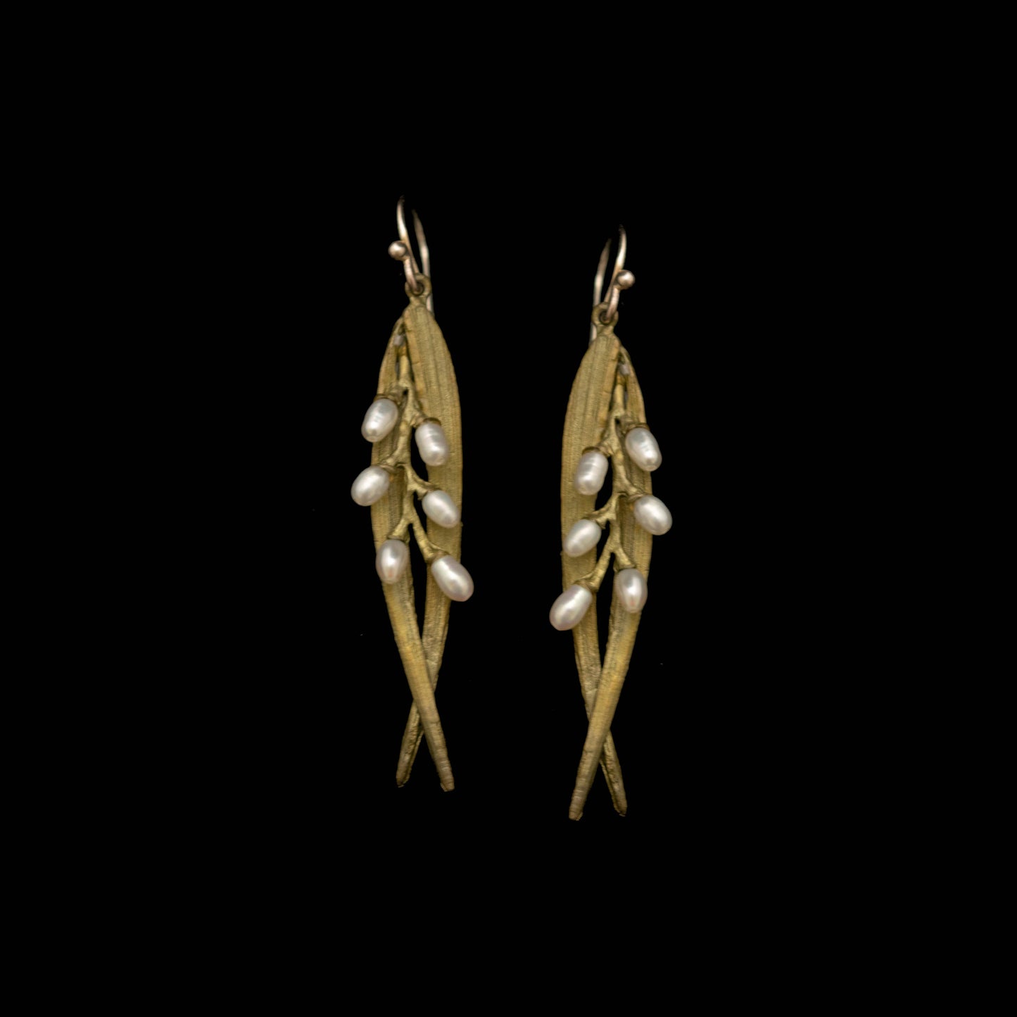 Rice Double Leaf Pearl Wire Earrings by Michael Michaud